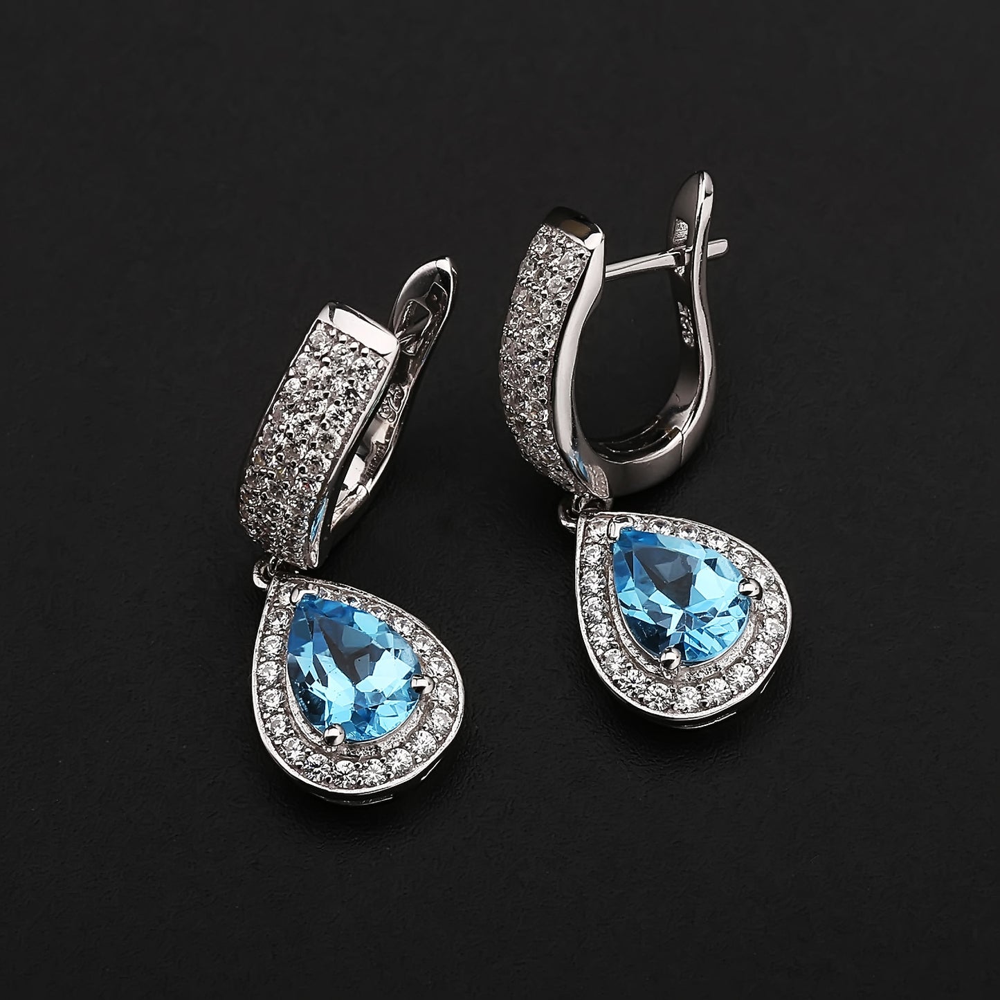 European Topaz Soleste Halo Pear Drop Silver Drop Earrings for Women