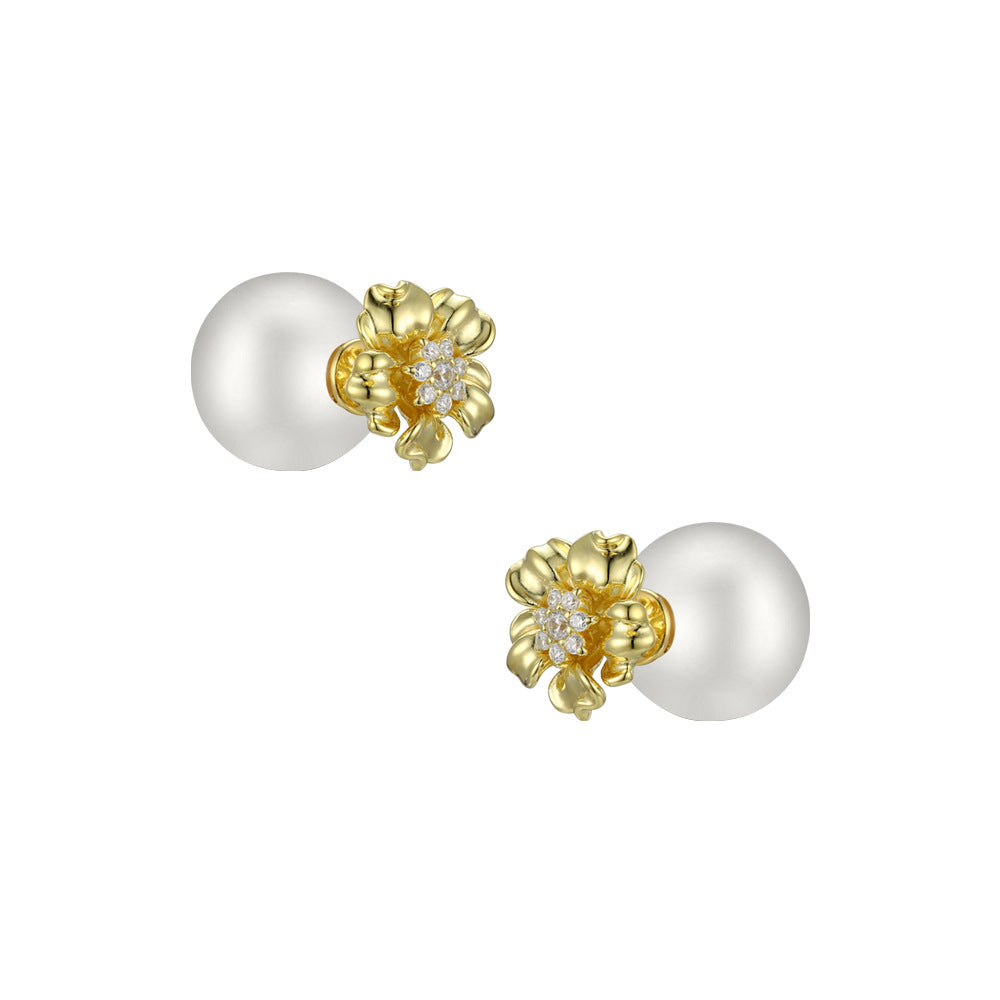 Flower with Zircon Round Pearl Silver Studs Earrings for Women