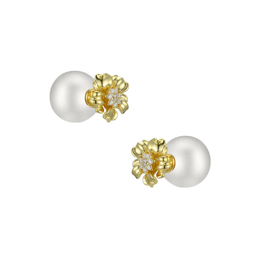 Flower with Zircon Round Pearl Silver Studs Earrings for Women