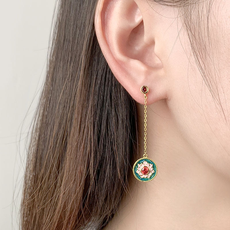 Lotus Pattern Series Enamel with Red Zircon Tassel Silver Drop Earrings for Women