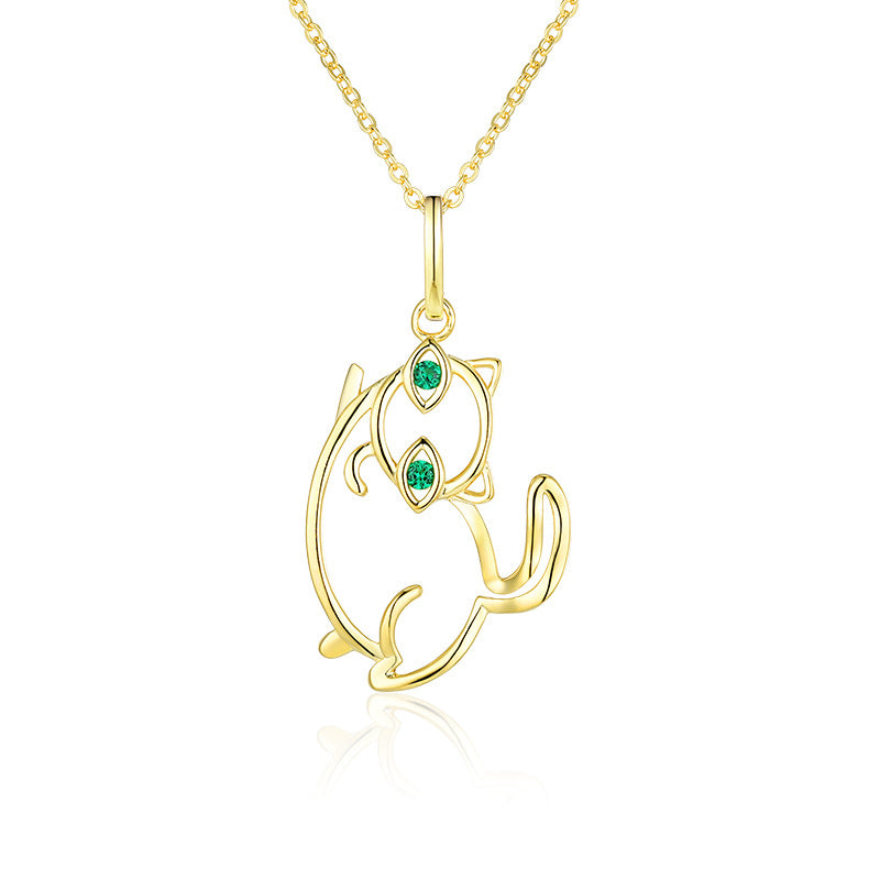 Green Zircon Hollow Cat Pendant Silver Necklace for Women