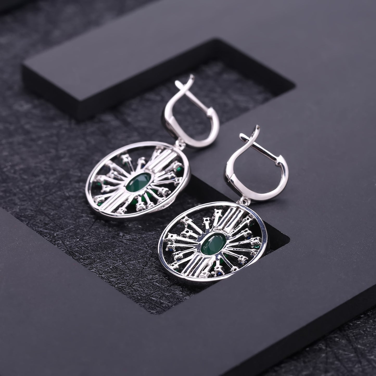 Luxury Fashion Design Inlaid Green Agate Circle Sterling Silver Drop Earrings for Women