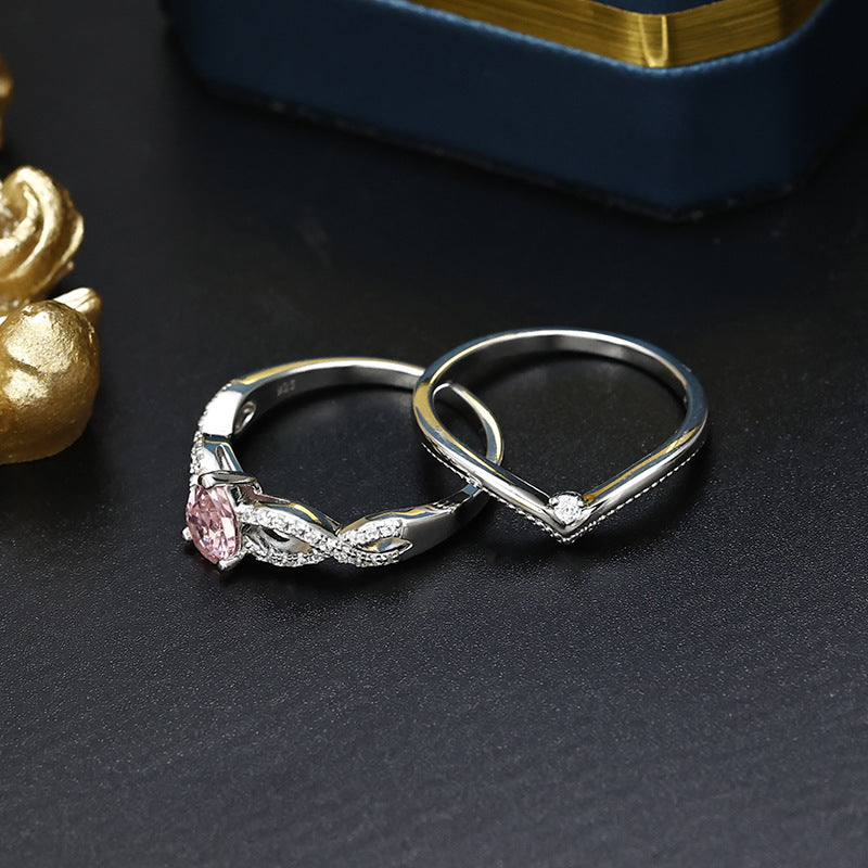 Two-in-one Pink Pear-drop Zircon Split Shank with V Shape Silver Ring Set