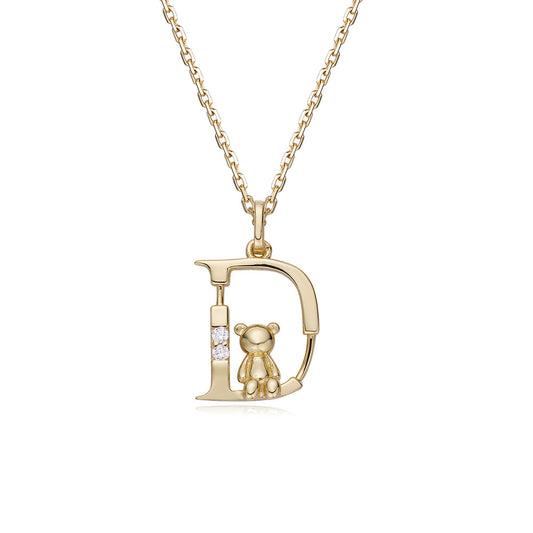 (Two Colours) Letter D with Little Bear Pendants 925 Silver Collarbone Necklace for Women
