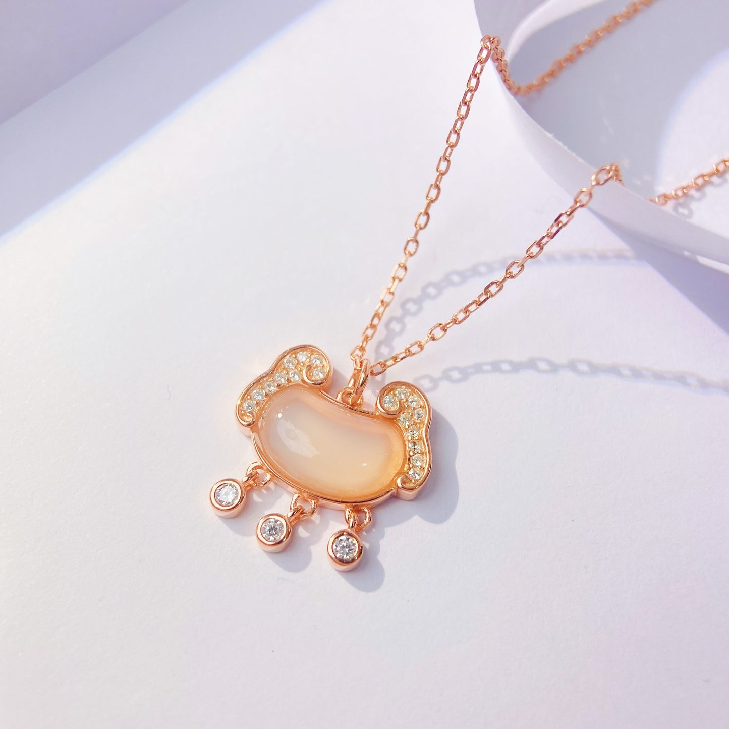 Chalcedony with Zircon Fortune Lock Pendant Silver Necklace for Women