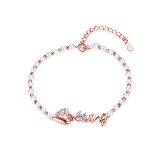 Zircon Heart with LOVING Letter Beading Pearl Silver Bracelet for Women