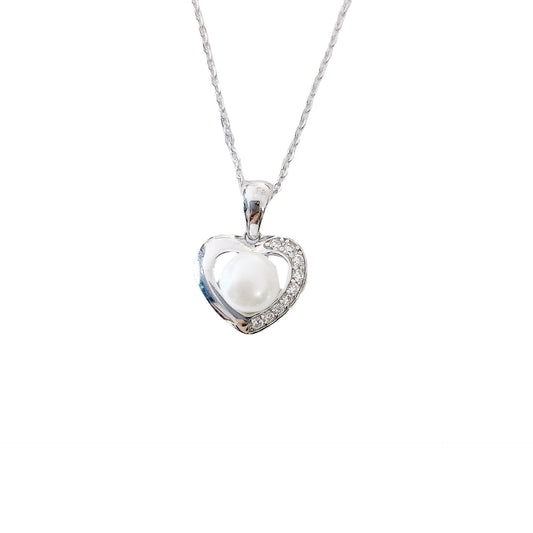 Half Zircon Hollow Heart with Natural Pearl Pendant Silver Necklace for Women