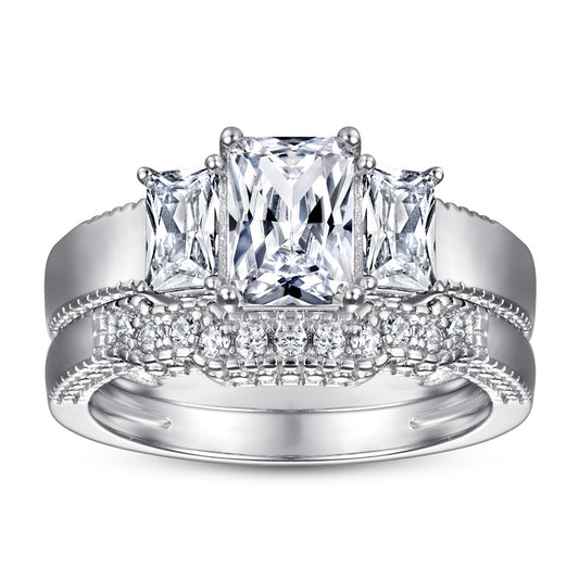 Radiant Cut zircon threestone silver ring set for women