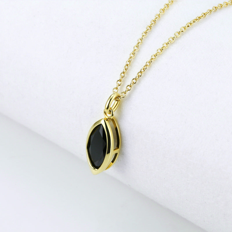 Black Obsidian Marquise Shape Pendant Silver Necklace for Women
