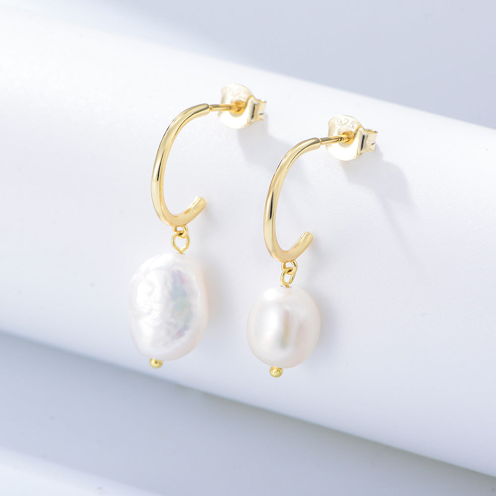 Irregular Baroque Pearl Pendant Silver Studs Earrings for Women