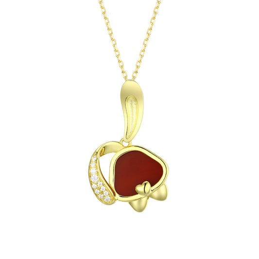 Red Agate with White Zircon Rabbit Pendant Silver Necklace for Women
