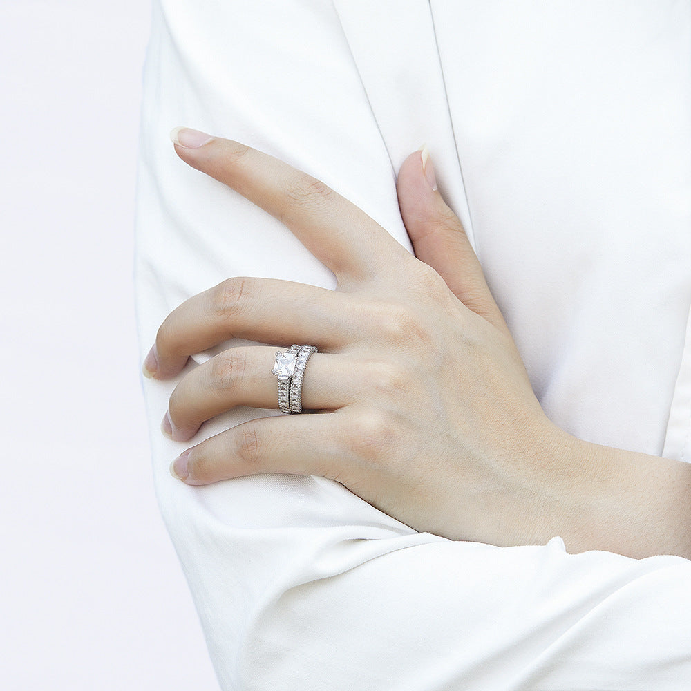 Princess Cut Zircon with Beading Silver Ring Set