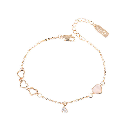 Hollow Love with Heart-shaped Mother of Pearl and Zircon Silver Bracelet for Women