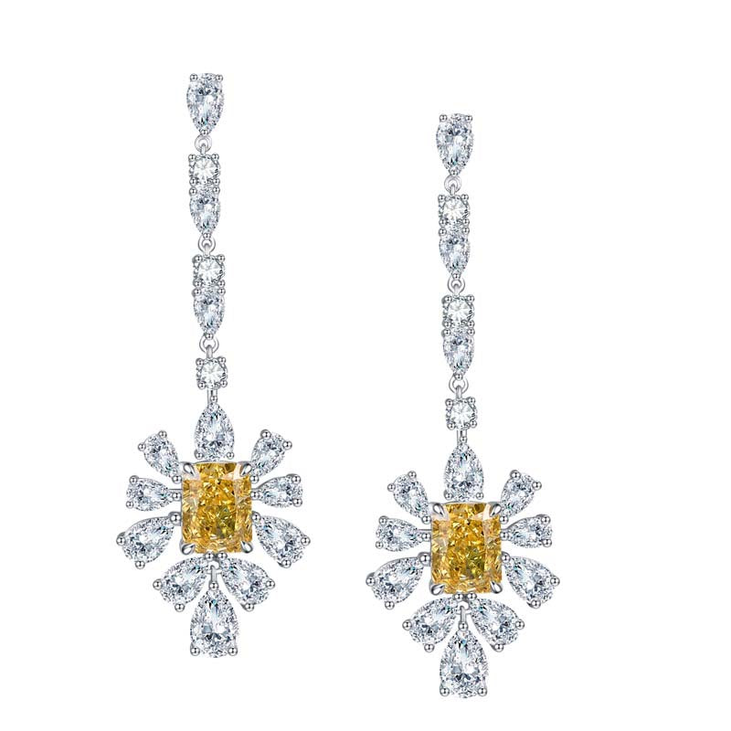 Yellow Zircon 7*9mm Rectangle Ice Cut with Chain Annular Petals Silver Drop Earrings for Women