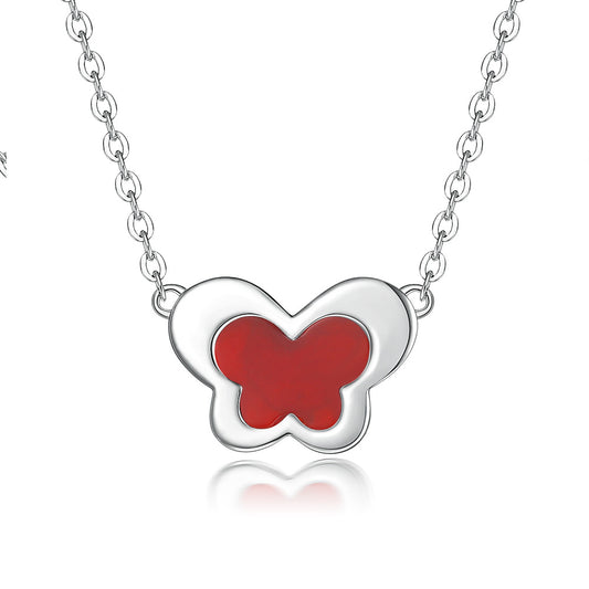 Red Agate Butterfly Pendant Silver Necklace for Women