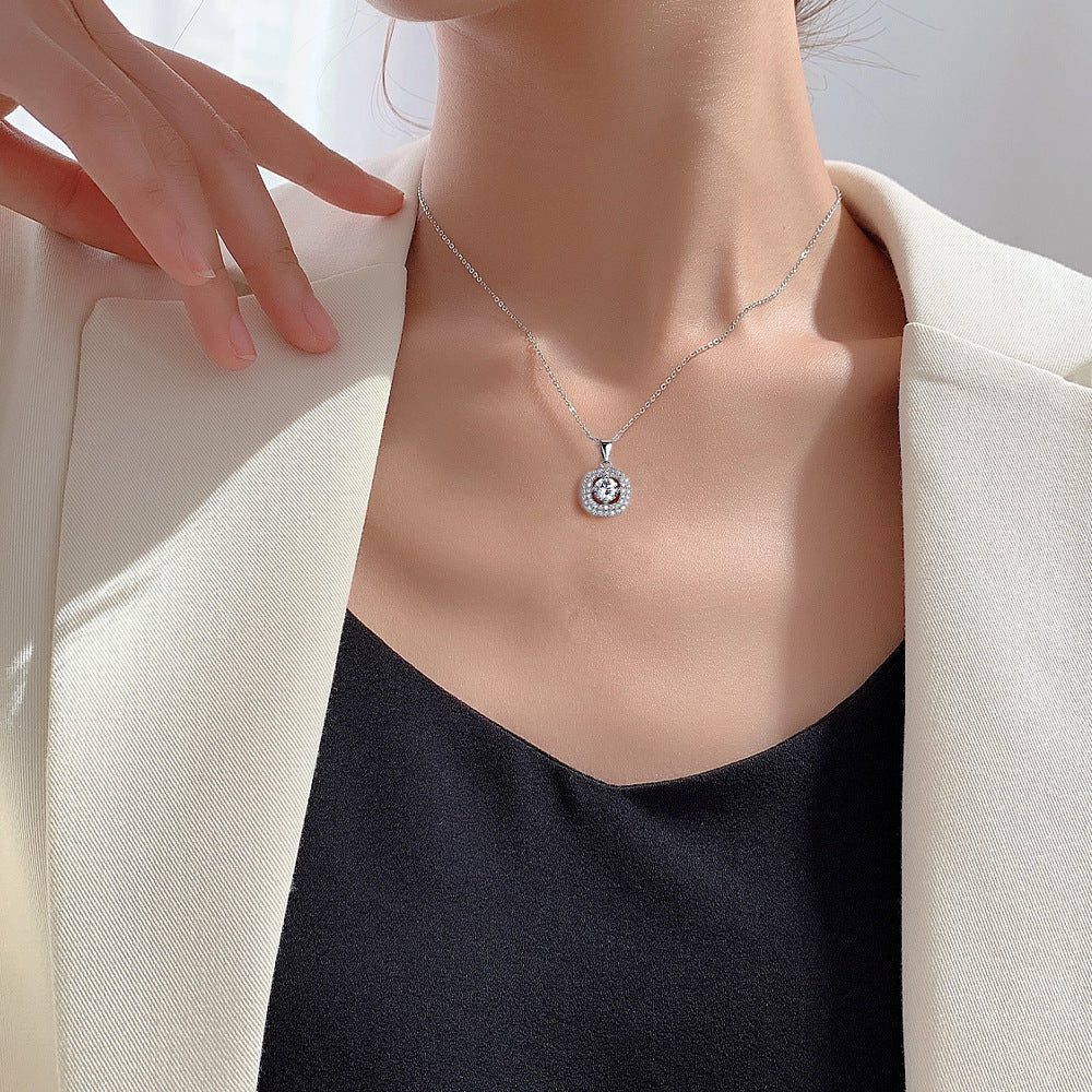 Arc Square Round Zircon Soleste Halo Pendant Silver Necklace for Women