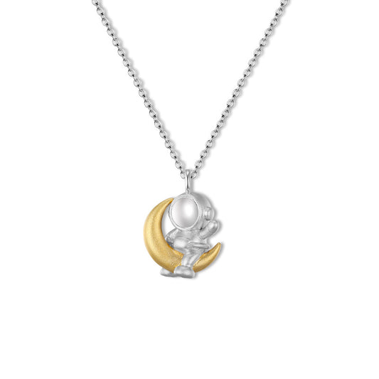 Astronaut Frosted Moon Silver Necklace for Women