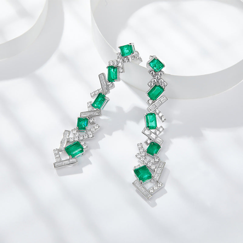 Lab-Created Emerald Irregular Splicing Silver Drop Earrings for Women