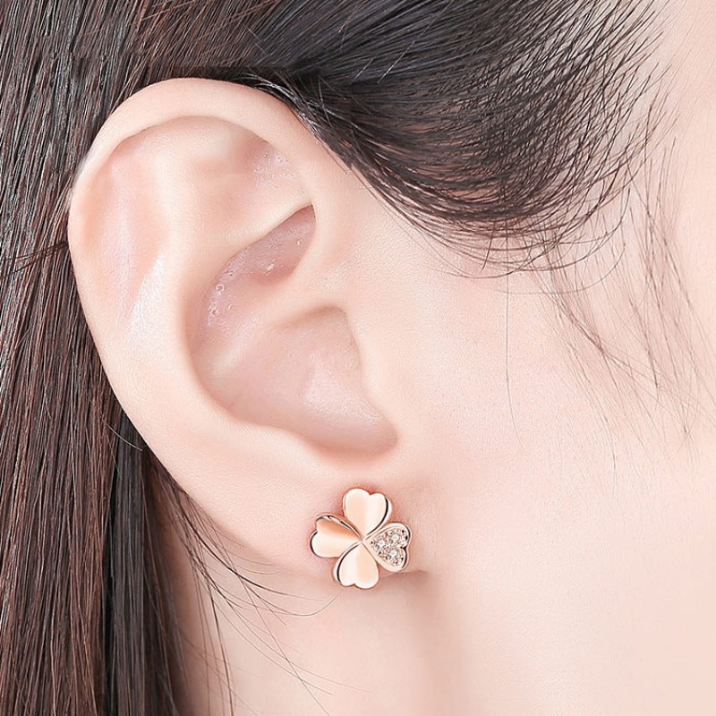 Four-leaf Clover with Zricon Silver Studs Earrings for Women