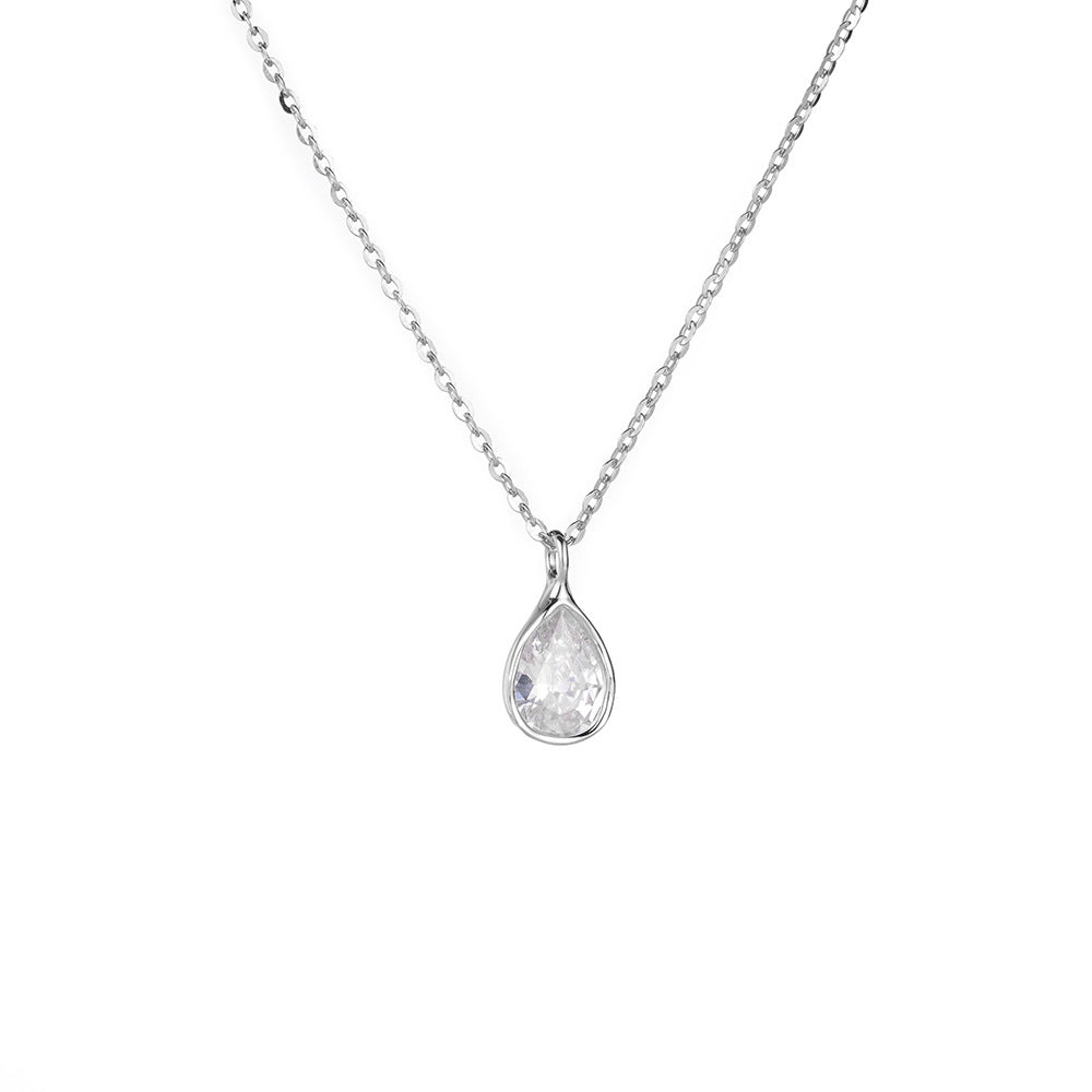 (Two Colours) White Zircon Water Drop Solitaire 925 Silver Collarbone Necklace for Women