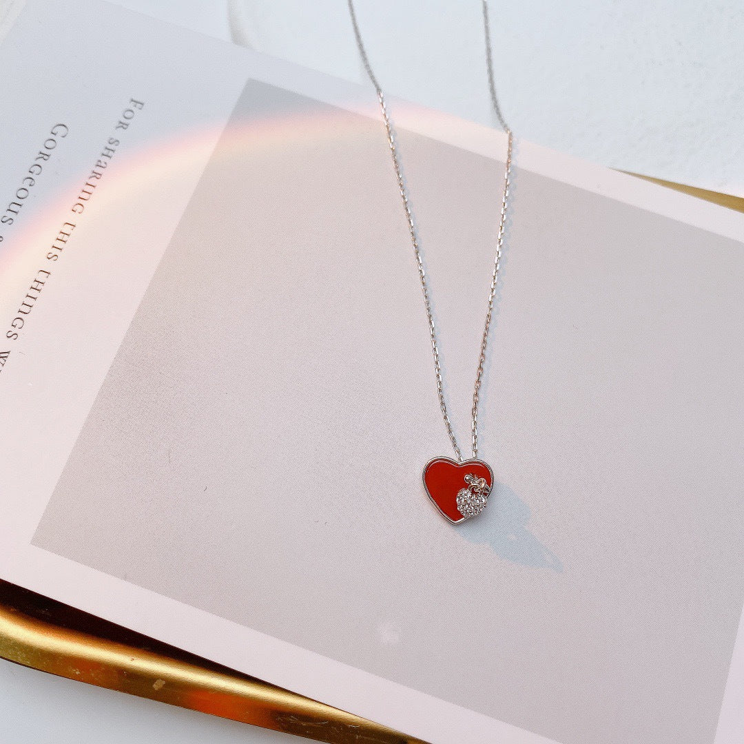 Heart-shape Red Agate with Zircon Pendant Silver Necklace for Women