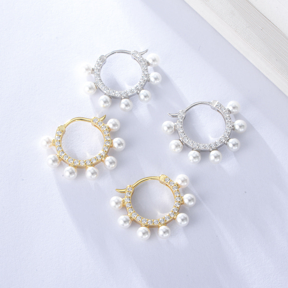 Pearl with Zircon Personality Circle Silver Studs Earrings for Women