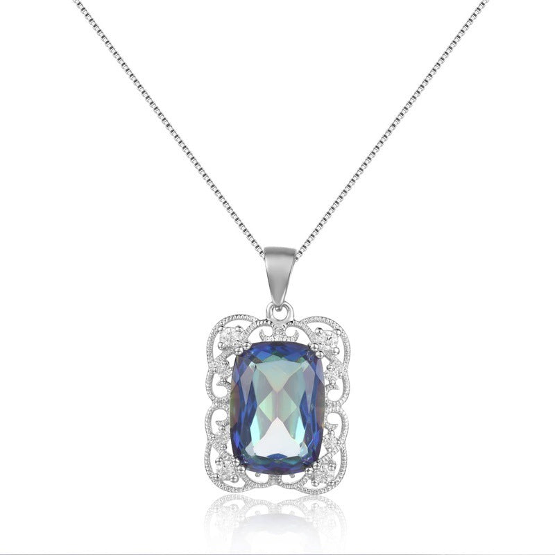 Natural Crystal Rectangle with Lace Pendant Sterling Silver Necklace for Women