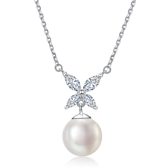 Natuarl Pearl with Marquise Zircon Pendant Silver Necklace for Women