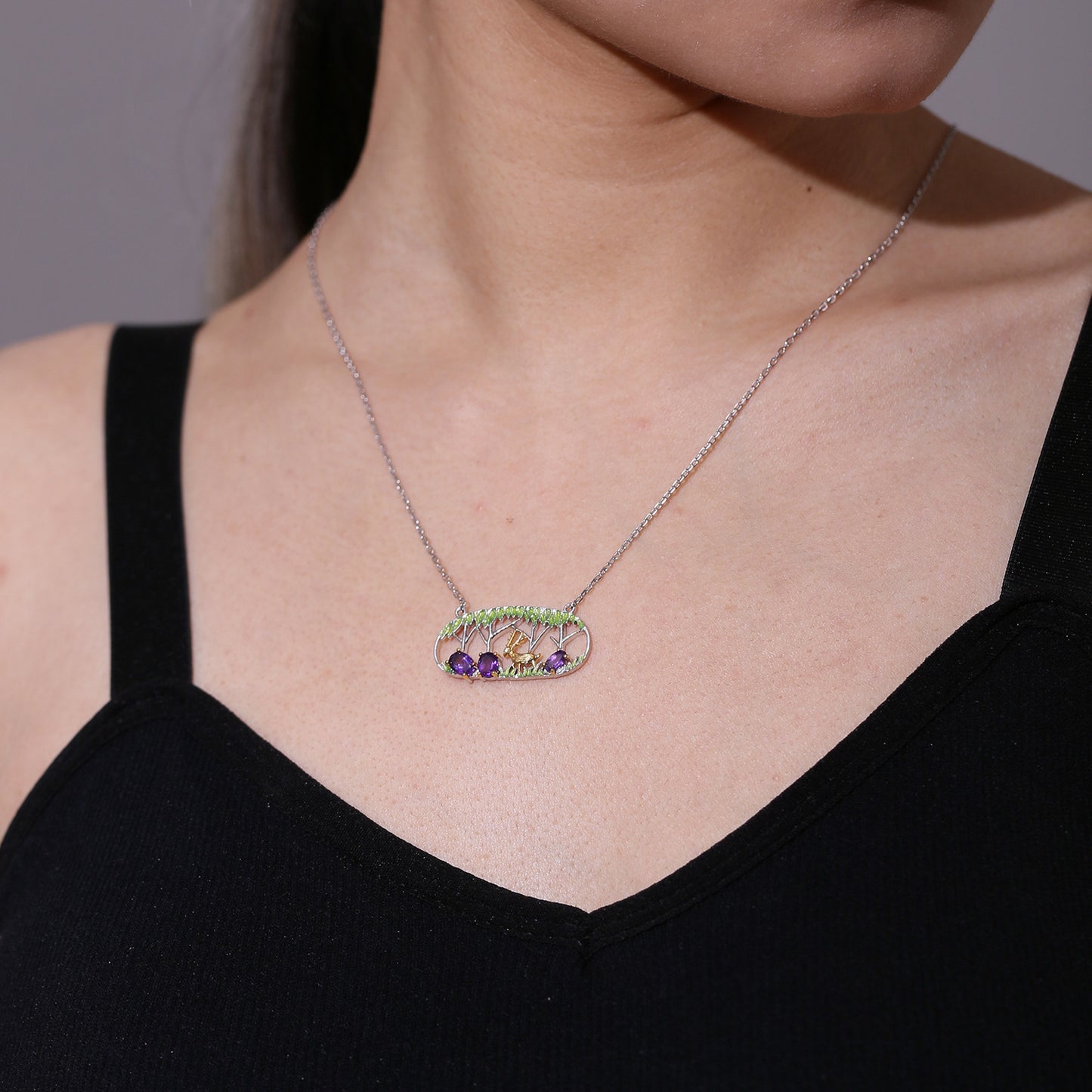 Natural Style Inlaid with Colourful Gemstone Little Deer Pendant Sterling Silver Necklace for Women