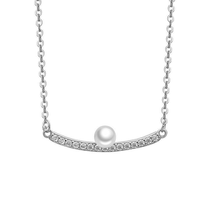 Single Row Zircon with Pearl Pendant Silver Necklace for Women