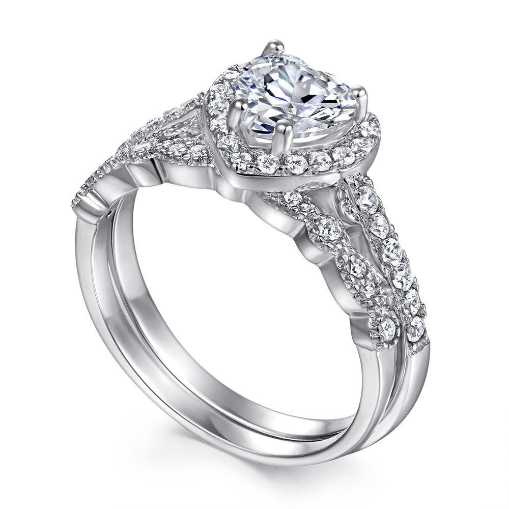 Heart-shaped Zircon Soleste Halo with Beading Silver Ring Set for Women