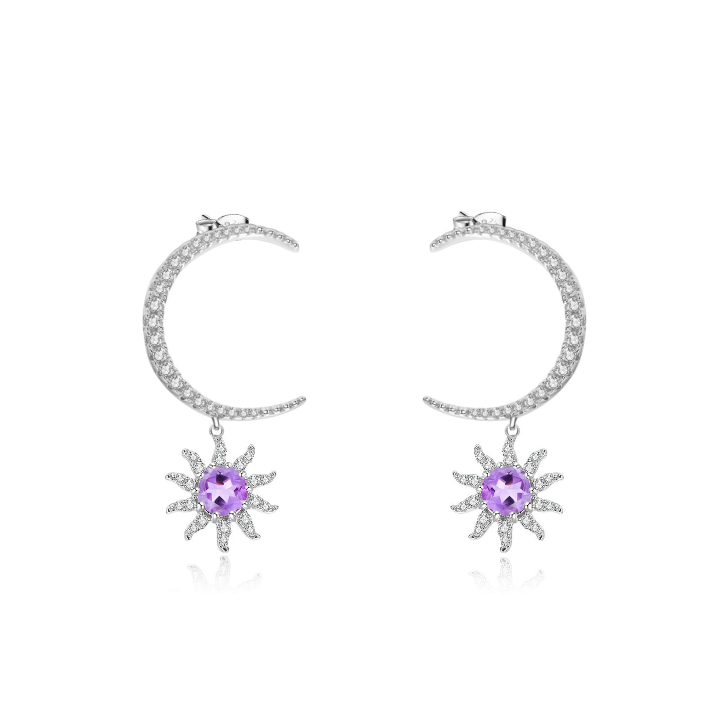 French Romantic Luxury Design Inlaid Natural Colourful Gemstone Moon and Sun Silver Drop Earrings for Women