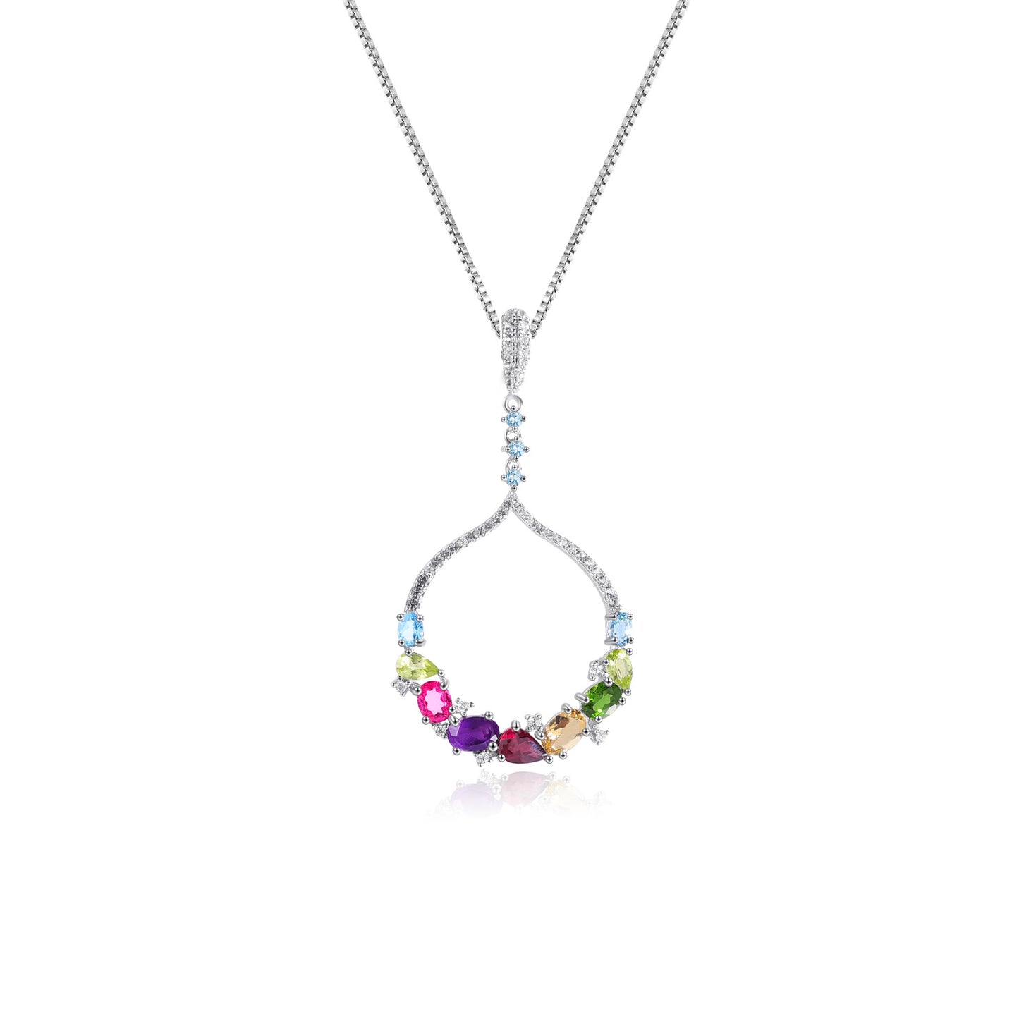 New Fashion Birthday Gift Natural Colourful Gemstones Circle Pendant Sterling Silver Necklace for Women