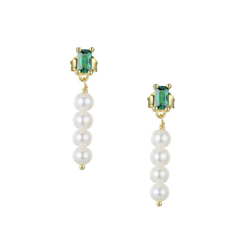 Emerald Cut Green Zircon with Beading Pearl Silver Drop Earrings for Women