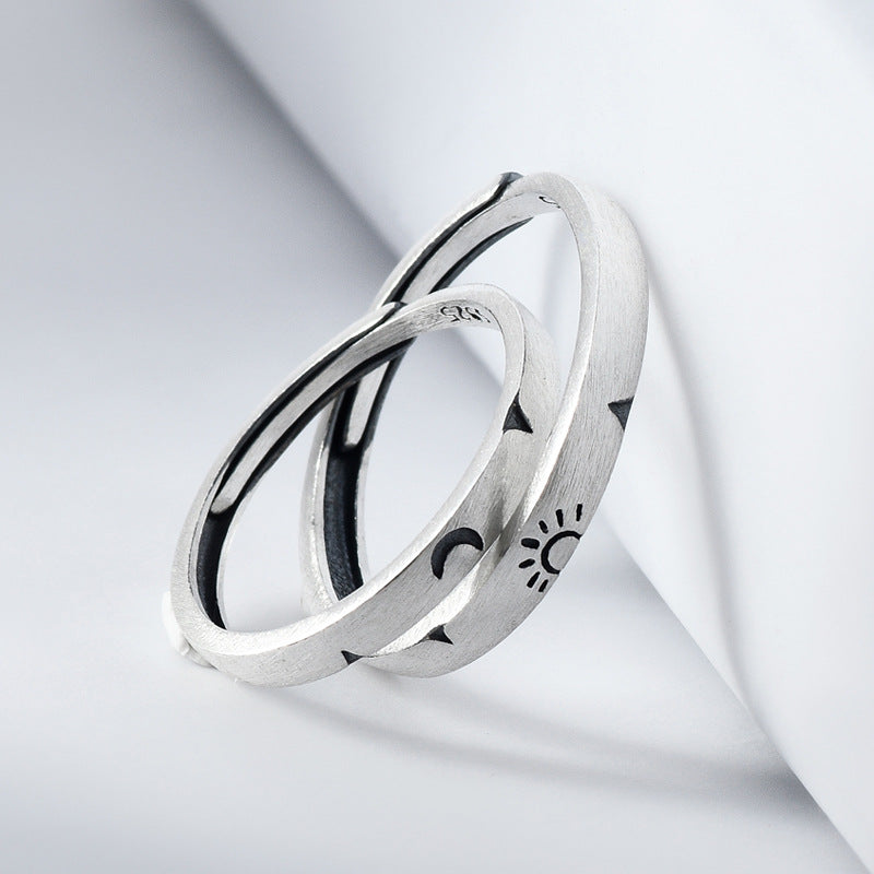Sun Moon Pattern Brushed Finish Silver Couple Ring