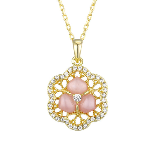 Pink Mother-of-pearl Hollow Flower with Zircon Pendant Silver Necklace for Women