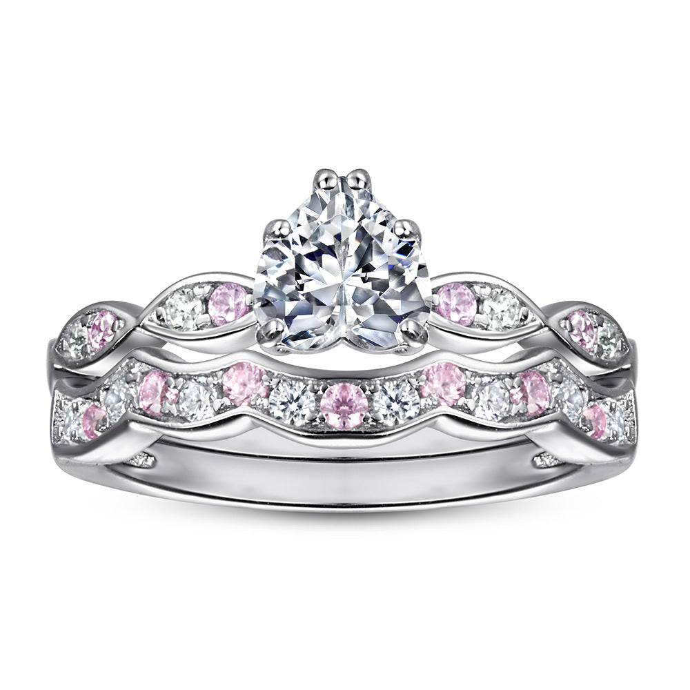 Heart-shape Zircon with Pink Zircon Waves Silver Ring Set for Women