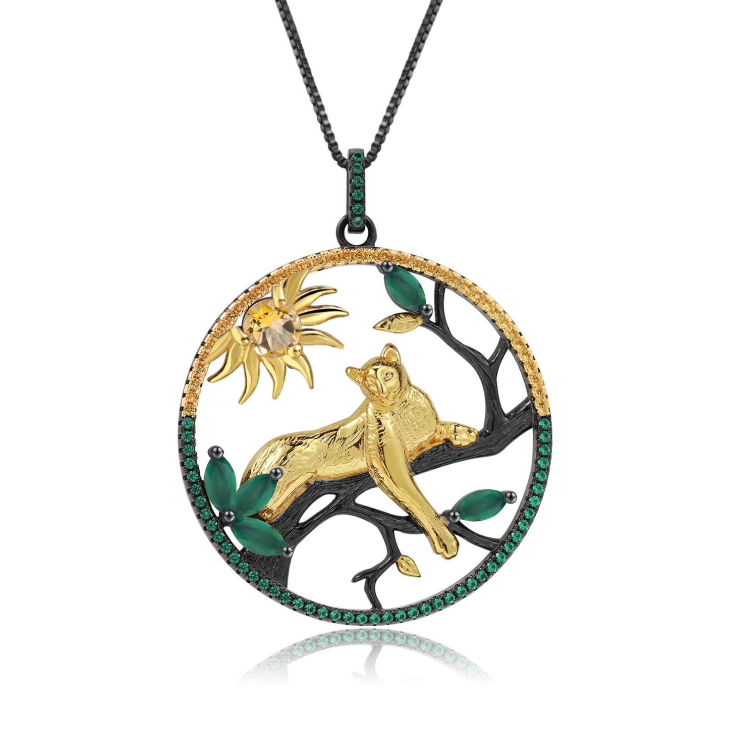 Premium Design Animal Element Inlaid Natural Colourful Gemstone Leopard Pendant Silver Necklace for Women