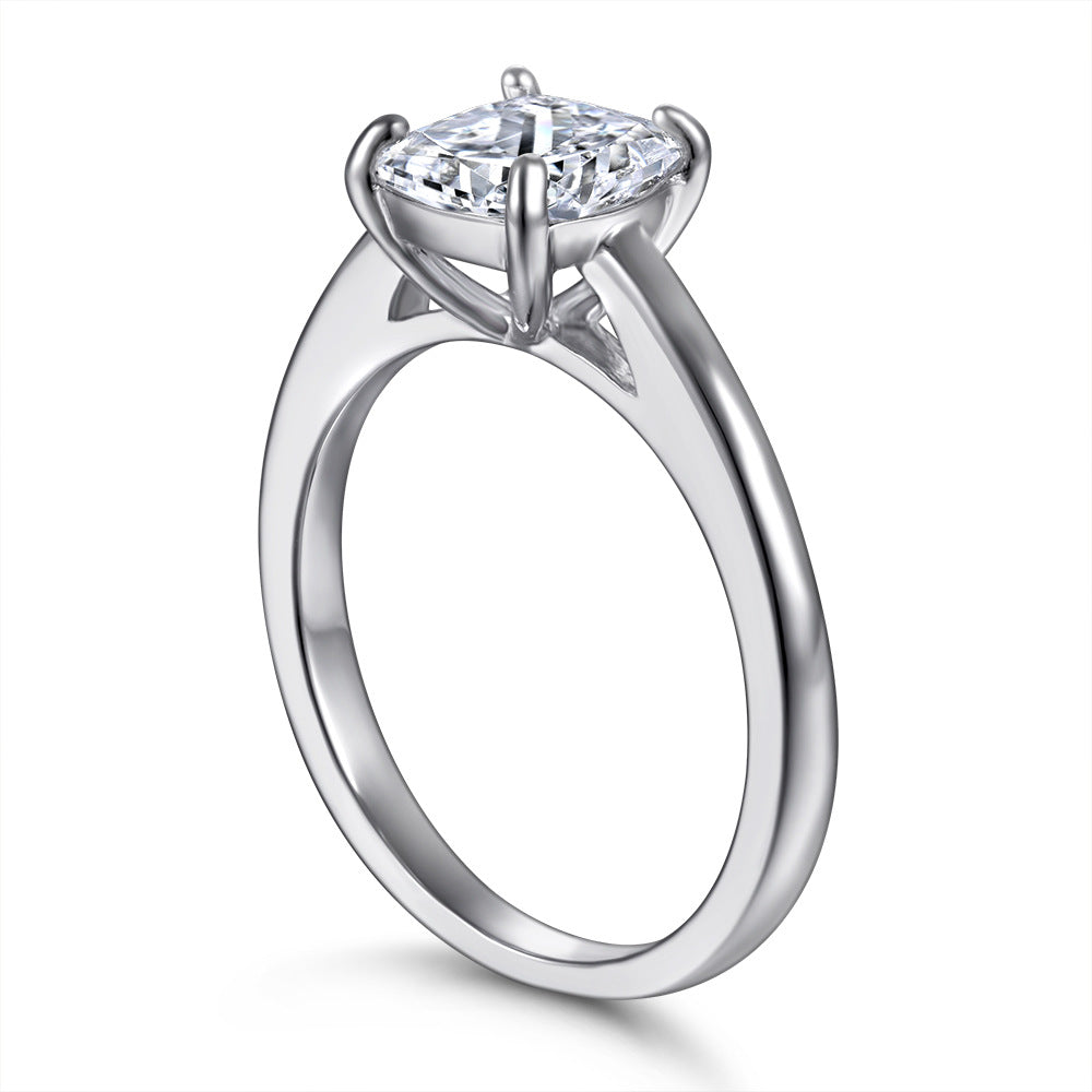 Cushion Cut Zircon Four Prongs Solitaire Silver Ring