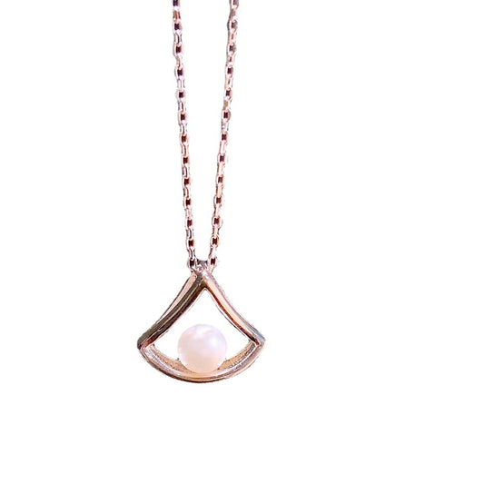 Natural Freshwater Pearl Hollow Fan Pendant Silver Necklace for Women