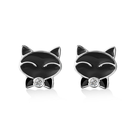 Black Kitten with Zircon Silver Stud Earrings for Women