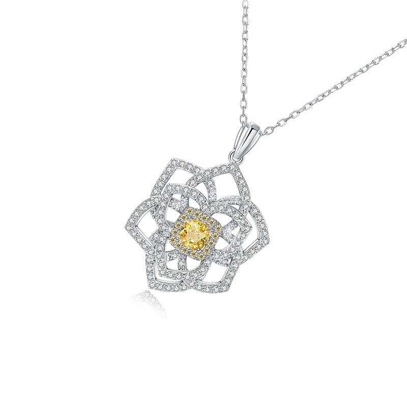 Yellow Zircon 4*4mm Cushion Cut Roses Pendants Silver Necklace for Women