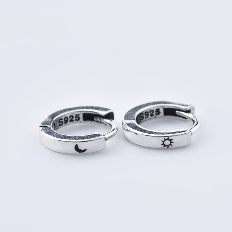 Asymmetric Sun and Moon Pattern Silver Hoop Earrings for Women