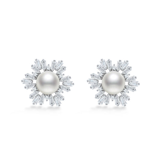 Snowfalke Pearl with Rectangle Zircon Silver Stud Earrings for Women