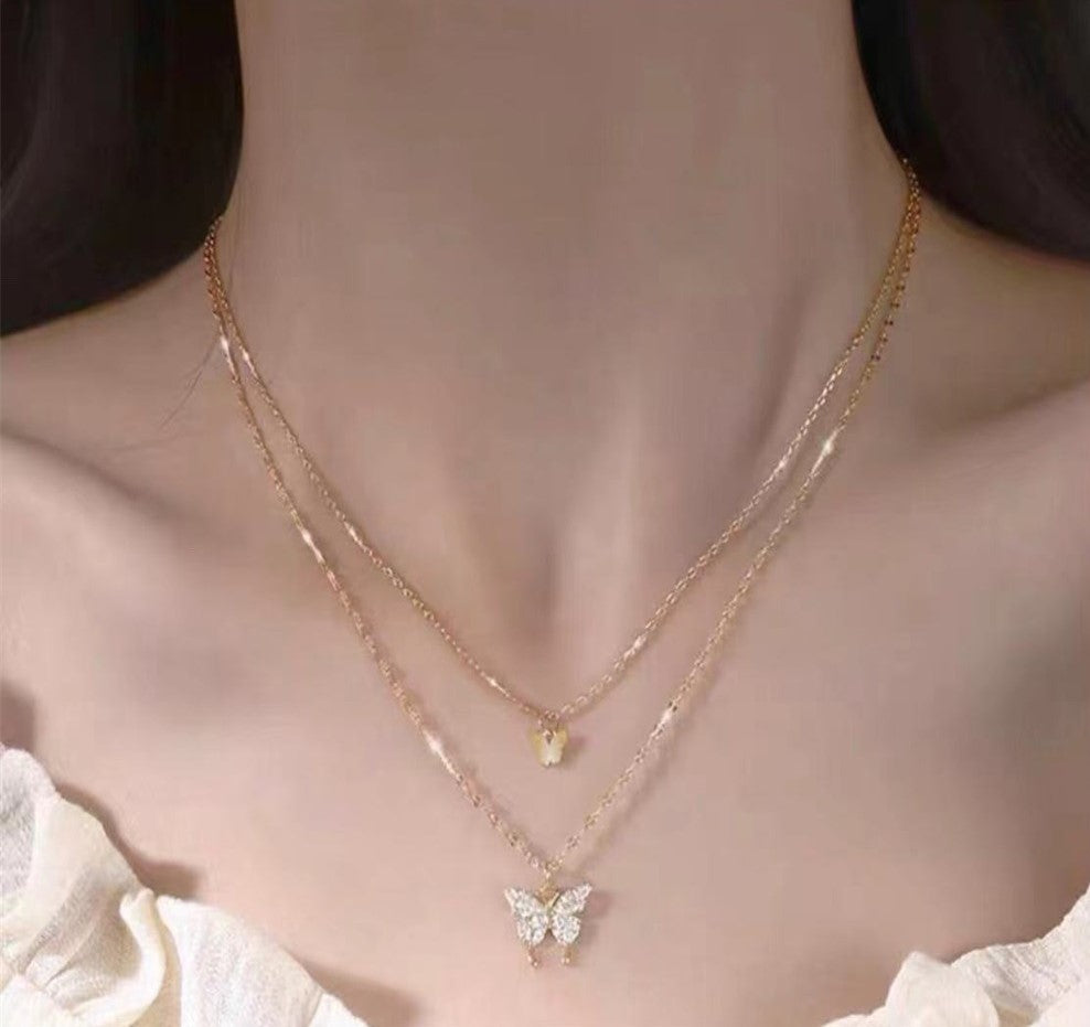(Two Colours) White Zircon Two-ply Butterflies Pendants Silver Collarbone Necklace for Women