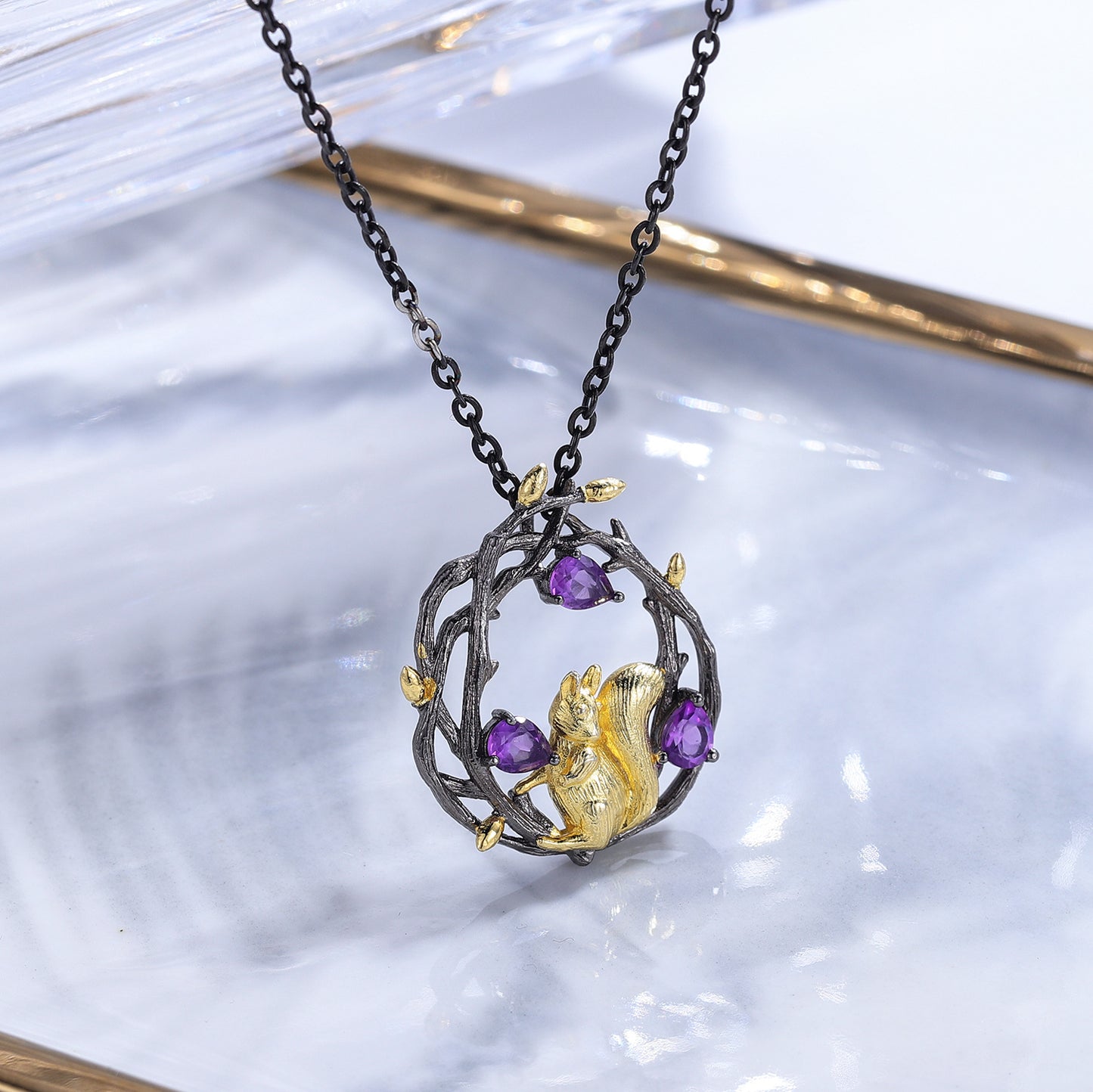 Original Design High Sense Jewelry Inlaid Colourful Gemstone Little Squirrel Pendant Sterling Silver Necklace for Women