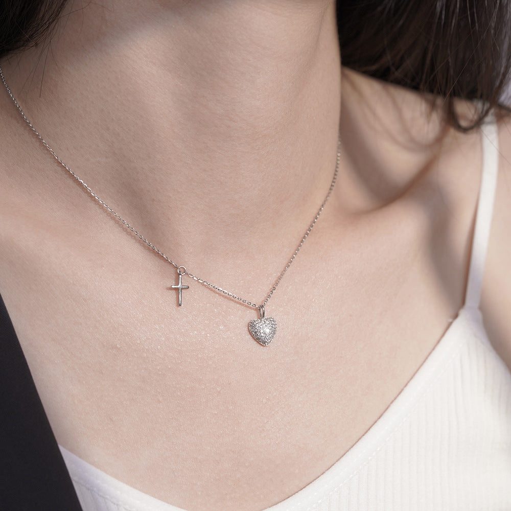 (Two Colours) White Zircon Heart with Crucifix Pendants 925 Silver Two-ply Collarbone Necklace for Women