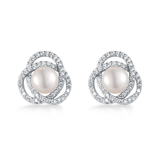 Zircon Circling with Freshwater Pearl Silver Stud Earrings for Women