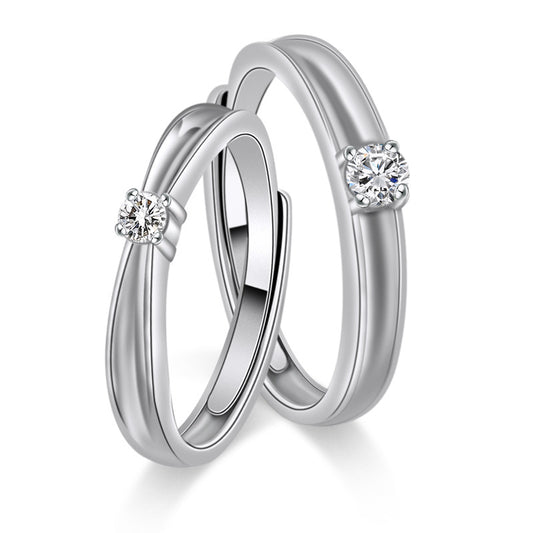 Single Zircon Concave Silver Couple Ring for Women
