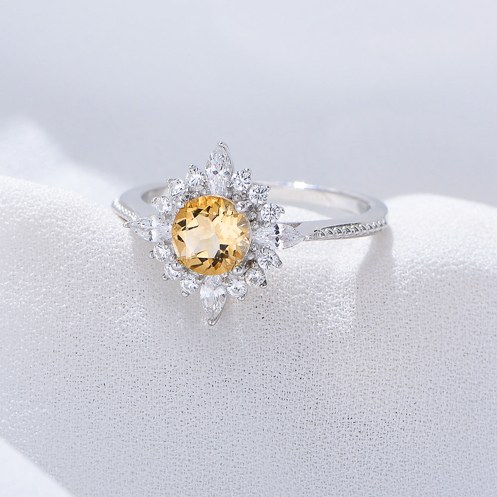 Yellow Crystal Sun Shape Sodeste Halo Sterling Silver Ring for Women